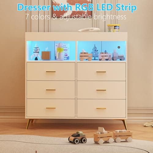 Babevy Baby Changing Table Dresser with LED Lights, Diaper Changing Station Dresser with Changing Table Top, Power Outlet, 6 Storage Drawers, Nursery Organizer for Infants & Newborn, White 5
