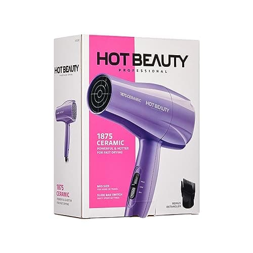 Hot Beauty 1875 Ceramic Hair Dryer, Powerful Fast Drying, Multi-Setting with Comb Attachment, Additional Detangler Included, Slide Bar Switch, Compact for Home & Travel (Purple) 5