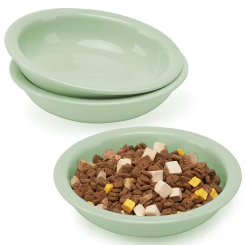 CEEFU Thicker Ceramic Cat Food and Water Bowls 3 PCS, Whisker Stress Free Cat Dishes, Relieves Fatigue, Shallow Pet Food Dish for Cats Puppy, Sage Green