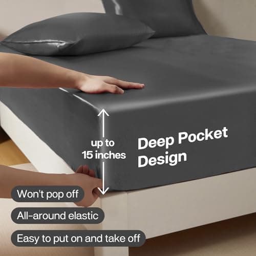 MR&HM Satin Fitted Sheet Queen Size, Silky Bottom Sheet with Elastic Corner Straps, Deep Pocket up to 15 Inch, No More Slipping Off for Mattress - 1 Fitted Sheet Only (Dark Grey) 5