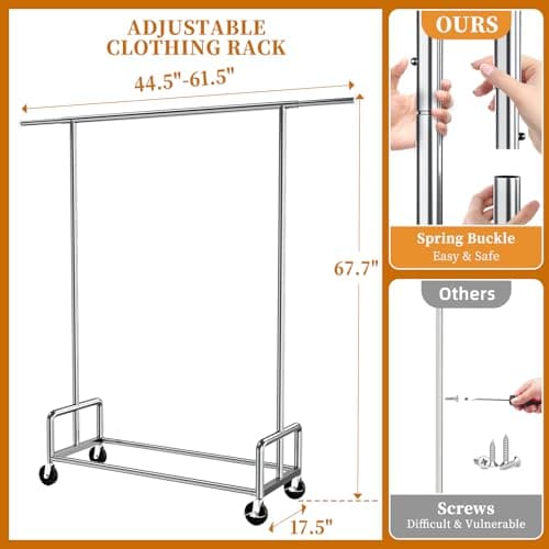 Simple Trending Heavy Duty Clothing Clothes Rack with Wheels for Hanging, Metal Rolling Garment Rack Organizer Load 500 LBS, Chrome 7