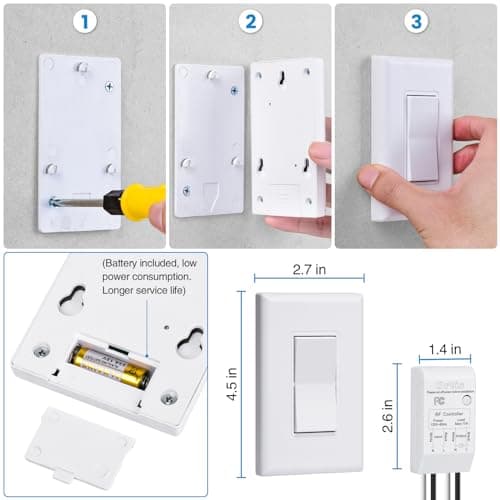 Wireless Light Switch and Receiver Kit, Ortis 300ft RF Range Wireless Wall Switches for Lights, Fans, Battery Included, No Wiring Needed 6