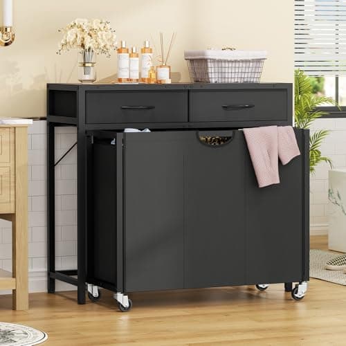 Laundry Sorter, Rolling Laundry Hamper with 3 Section Pull-Out Bags, Laundry Basket Organizer with 2 Drawers & 2-Tone Top Panel, Laundry Hamper with Wheels for Laundry Room Organization, Bathroom 9