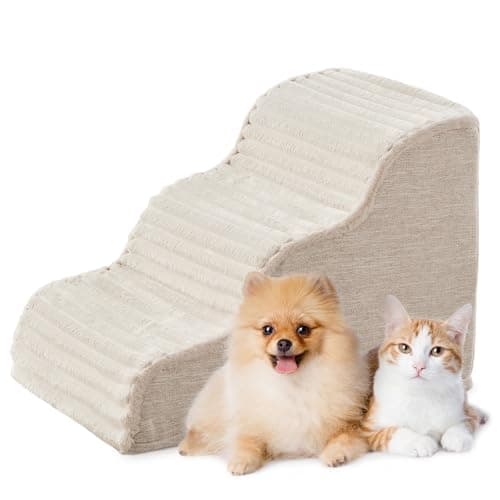 Laojin Balhen Dog Stairs for Small Dogs & Cats 15.7" H, High Density Foam Dog Steps Ramp for Couch Sofa and Chair, Pet Stairs with Non-Slip Bottom and Remove Washable Cover, 3-Step Pet Steps, Beige