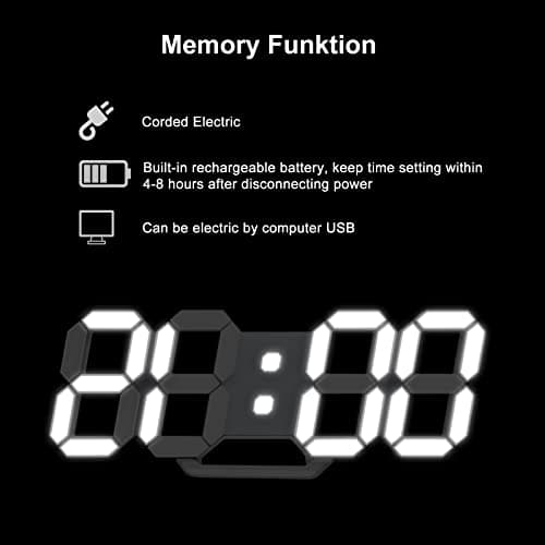 Led Digital Alarm, 3D Wall Clock Desk Auto Dimming 12/24 Hour Date Temperature Home Decor Remote Control Silent Snooze USB Nightlight Bedroom Living Room Kitchen Office 9.7inch Cool White 6