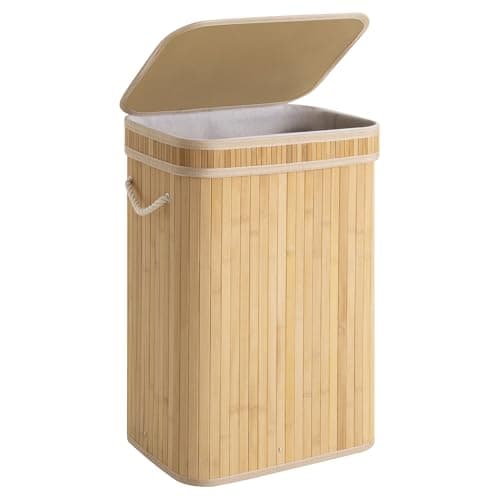 StorageWorks Laundry Hamper with Lid, Foldable Bamboo Laundry Basket, Clothes Hamper with Handles, Organizer and Storage for Laundry Room, Bedroom, Dorm, Natural