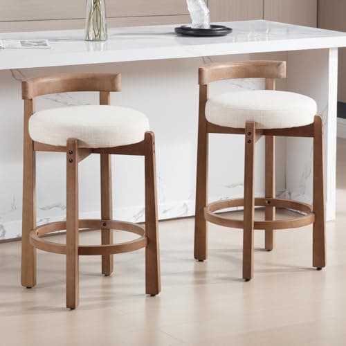 HEAH-YO Bar Stools Set of 2, 26.5" Counter Height Stools with Low Back, Beige — Mid Century Modern Style, Linen Fabric Seat, Solid Wood Legs, Ideal for Kitchen & Dining Room