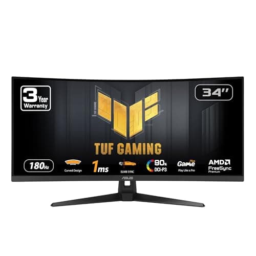 ASUS TUF Gaming 34” Ultra-Wide Curved Monitor (VG34VQ3B) – 21:9 QHD (3440x1440), 180Hz, 1ms, Extreme Low Motion Blur Sync, FreeSync Premium, Speaker, 90% DCI-P3, DisplayWidget Center, 3 yr Warranty