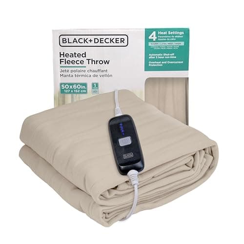 BLACK+DECKER Heated Blanket Electric Throw, Fleece Electric Blanket, Heating Blanket with 4 Heating Levels, 3H Timer, Auto Shutoff, Fast Heating (50x60 inches, Cream)
