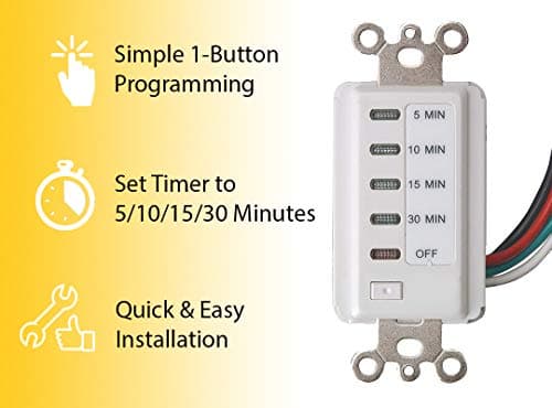 Auto Shut Off Timer for Bathroom Fan: 30-15-10-5 Minute Preset Countdown (White) by Teklectric 3