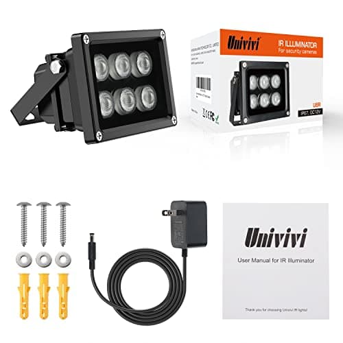 Univivi Infrared Illuminator, 850nm 6 LEDs 90 Degree Wide Angle IR Illuminator for Night Vision, Waterproof LED Infrared Light for CCTV Security Camera, with Power Adapter, Black 6