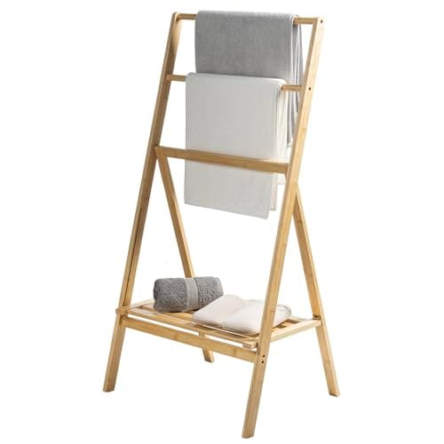 MyGift 3 Tier Free Standing Towel Rack for Bathroom, Pool Outdoor, Foldable Blanket Ladder with Storage Shelf, 43" H Bath Towel Holder Organizer Drying Rack, Light Brown Solid Bamboo Quilt Rack 6