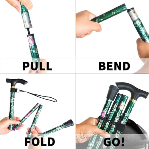 CLOKTA Folding Cane, 5-Level Adjustable Height Lightweight Portable Foldable Walking Canes with Wrist Strap and T Handle for Men Women Seniors (Floral Green) 6