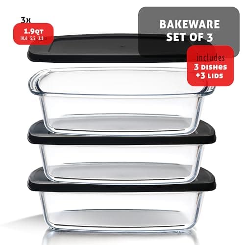 EATEX Glass Bread Pans for Homemade Bread Baking, 1.9 Qt Deep Glass Food Storage Containers with Lids, 3 Bread Loaf Pans 3 Airtight Lids 8