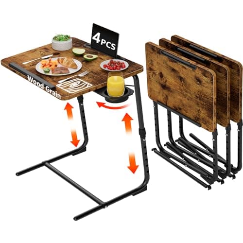 TV Trays Set of 4 - Folding TV Tray Adjustable Dinner Trays for Eating On Couch Wooden Tables Mate Stand Foldable Rustic Desk with Cup Holder Portable