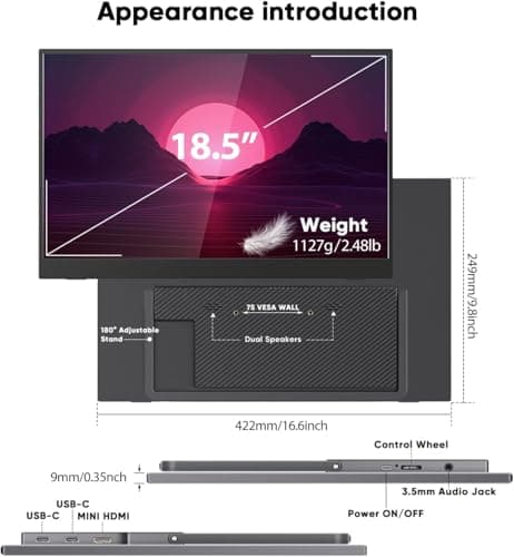 sibolan Portable Monitor 18.5inch 1080P FHD 100Hz Refresh Rate Gaming Monitor, 72% sRGB, IPS Panel, Dual USB-C & Mini-HDMI for Laptop, PC, Phone, Built-in Kickstand, Speakers 8