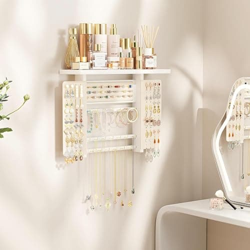 Emfogo Jewelry Organizer Hanging Wall Mounted Jewelry Holder, 5-in-1 Large Capacity Necklace Organizer Wall Hanging Jewelry Display for Ring, Necklaces, Bracelets, Earrings (White) 7