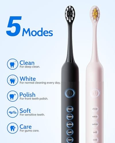 CindyLary 2 Pack Electric Toothbrush Set, Comes with 12 Brush Heads & 2 Electric Toothbrush,5 Modes with 2 Minutes Built in Smart Timer, One Charge for 60 Days, 38000 VPM Motor,Black and Pink. 6
