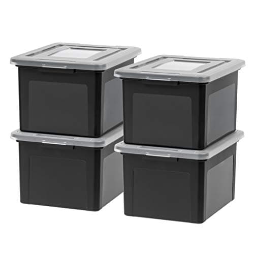 IRIS USA File Box, Plastic File Organizer with Lids for Letter/Legal File, Portable Document Box For Moving, Storage Bin with Durable and Secure Lid, Stackable Nestable BPA-Free, Black 35 Qt. 4 Pack