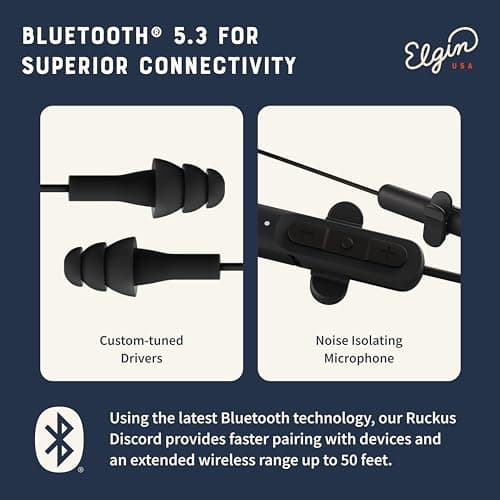 Elgin Ruckus Wireless Bluetooth Earplug Headphones, 25 dB Noise Reduction Ear Plug Earbuds, Noise Cancelling Mic, 12 Hour Battery, IP65 sweatproof, OSHA Compliant Hearing Protection, Work Safety 6