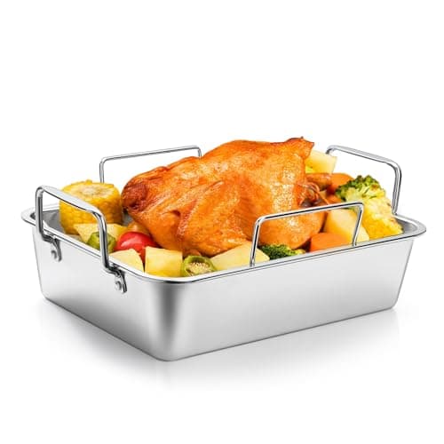 Roasting Pan, 14*10 Inch Stainless Steel Turkey Roaster with Rack - Deep Broiling Pan & V-shaped Rack & Flat Rack, Non-toxic & Heavy Duty, Great for Thanksgiving Christmas Roast Chicken Meat Lasagna