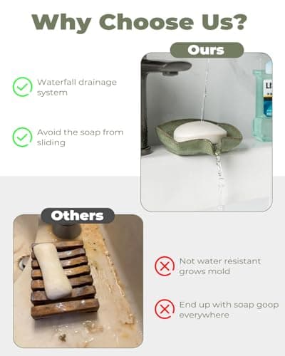 Self Draining Soap Dish, Ceramic Drain Soap Holder Waterfall Design Soap Saver for Shower, Bathroom, Sink, Kitchen and Countertop, Keeps Dry, Green 5