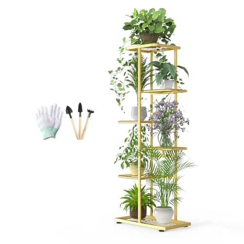 Facofaco 6 Tier 7 Potted Gold Plant Stand Indoor Outdoor with Gardening Tools and Gloves, Upgraded Corner Metal Plant Rack Shelf for Multiple Plants, Tall Flower Pot Holder Display for Patio, Balcony,