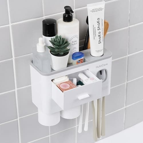 HubiCare Toothbrush Holder with Toothpaste Dispenser Wall Mounted for Bathroom, Automatic Toothpaste Squeezer, Bathroom Organization and Storage, 5 Toothbrush Slots (2 Cups)