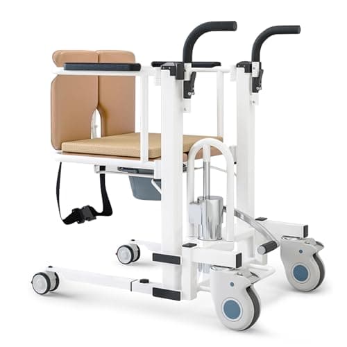 TRONDIVER Patient Lift Transfer Chair with 17-24In Adjustable Hydraulic Seat, 21-Inch Wide Soft Cushion, Portable Commode, and Dining Table, Supports Up to 350lbs(White)