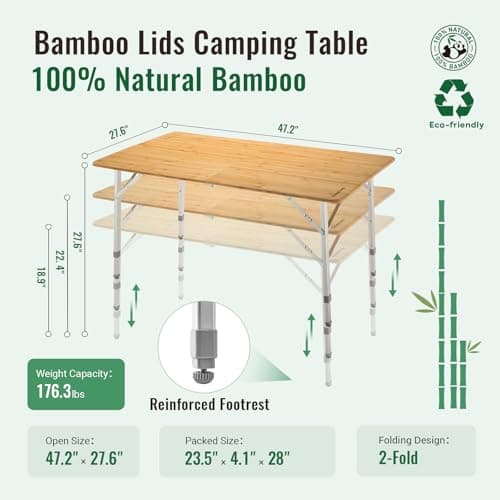 KingCamp Bamboo Folding Table, Camping Outdoor Portable Camp Table with Adjustable Height legs & Carry Bag for Outdoor RV Backyard Picnic Tailgating Beach 3
