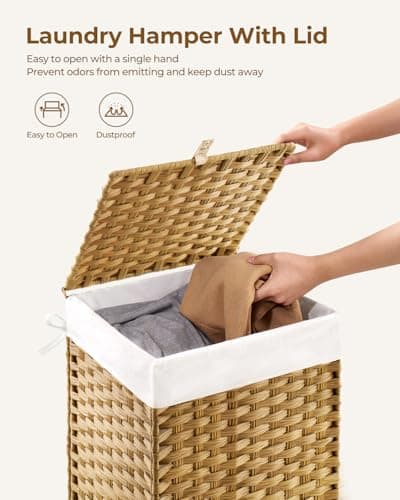 GREENSTELL Laundry Hamper with Lid, 60L Clothes Hamper with 2 Removable Liner Bags & 2 Mesh Laundry Bags, Handwoven Synthetic Rattan Laundry Basket for Clothes, Toys in Bathroom, Bedroom Natural 5