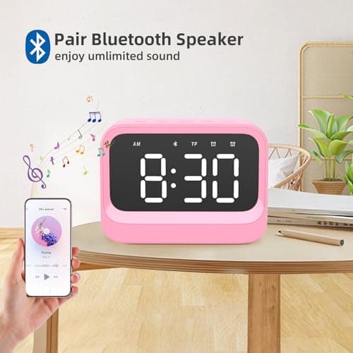 AFK Alarm Clock with Bluetooth Speaker for Bedroom,Loud Digital Clock for Heavy Sleepers Adults, Desk Clocks with Dual Alarms,Large Number,Dimmable,Snooze for Teens Boys Girls,Pink 5
