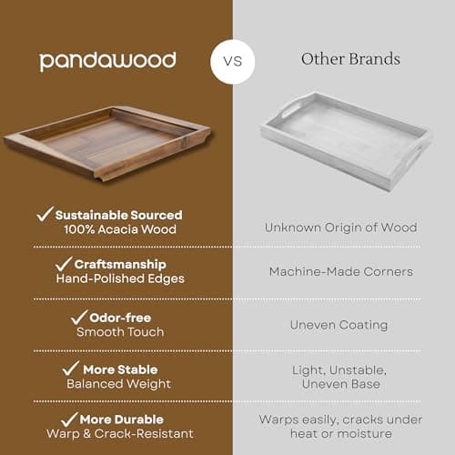 PANDAWOOD Wood Serving Tray with Handles - Large Acacia Wooden Tray for Coffee Table Ottoman Kitchen Counter - Decorative Food Tray Serving Platter - Rectangle Dinner Tray 15.7"x11" 6