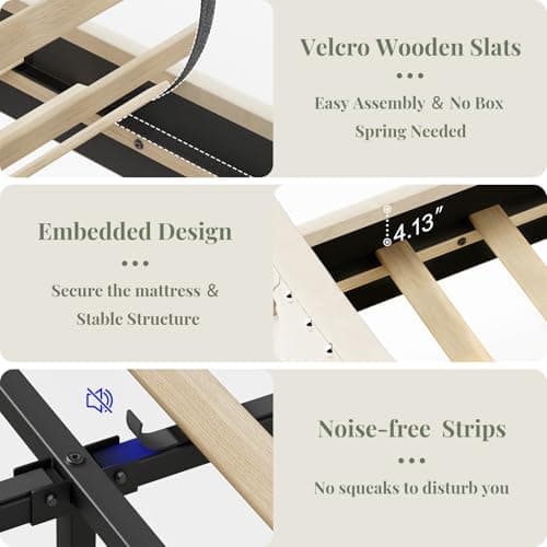 Belffin King Size Bed Frame and Headboard, 50.9" Velvet Upholstered Wingback Bedframe with LED Lights & Storage/Charging Station, Button Tufted Tall Footboard, No Box Spring Needed, Noise-Free, Black 7