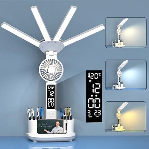 Quipzora LED Desk Lamp for Office Home, Four-Headed Table Lamp with Fan, Clock, Date, Touch Control, Dimmable, White