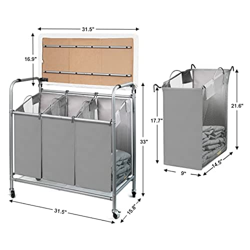 3 Bags Laundry Sorter Cart, Heavy Duty Rolling Laundry Hamper Sorter with Ironing Board(Grey) 7