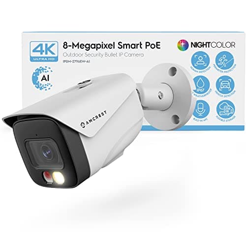 Amcrest UltraHD 4K (8MP) IP PoE AI Camera, FOV 129°, 49ft Color Nightvision, Security Outdoor Bullet Camera, Human & Vehicle Detection, Active Deterrent, 4K @15fps, IP8M-2796EW-AI (White)