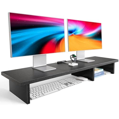 HUANUO Dual Monitor Stand Riser With Cable Clip - Desktop Storage Shelf Organizer for 2 Monitors, Computer, Laptop, Printer, TV