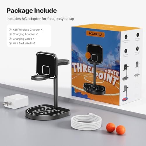 KU XIU X85 3-Point Power Creative 3-in-1 Magnetic Wireless Charging Stand, Wireless Charger with Mini Basketball Hoop for iPhone 16/15/14/13/12 Pro Max, 5W Fast Charging for Apple Watch, AirPods 7