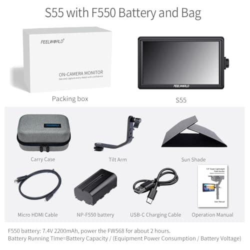 FEELWORLD S55 V3 6 inch Camera DSLR Field Monitor with F550 Battery 2200mAh and Case, Small Full HD 1920x1080 IPS LUT Video Peaking Focus Assist with 4K HDMI 8.4V DC Input Output Include Tilt Arm 8