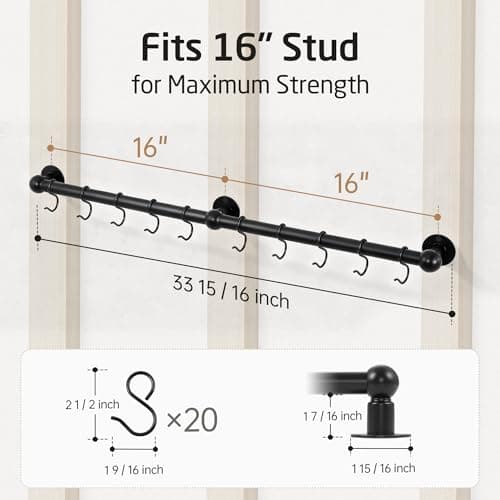 KES 130lb High-Capacity Pot Rack Wall Mounted with 3X Thick Tube, 32 Inch Pot Hangers for Kitchen with 10 Hook, 18/8 Stainless Steel Screw & Drilling Template for 16" Stud Mount, Black, KUR228S32-BK 6