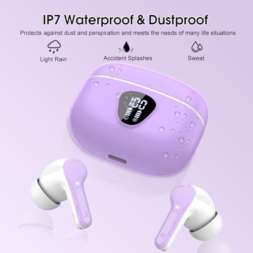 Wireless Earbuds, Bluetooth 5.4 Headphones HiFi Stereo, Bluetooth Earbuds with ENC Noise Cancelling Mic, IP7 Waterproof in Ear Earphones, 48H, LED Display Ear buds for Pad Workout Sports, Purple 7