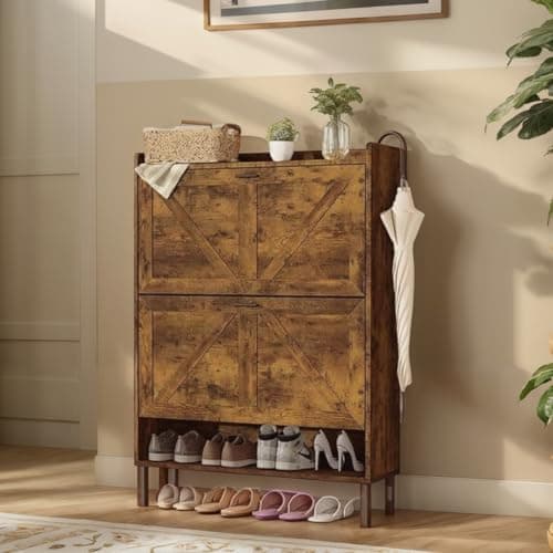 howcool Shoe Cabinet for 24 Pairs (Including Size 13) – Farmhouse Narrow Slim Design with 2 Flip-Drawers & Coat Hooks – Freestanding Hidden Shoe Organizer for Entryway, Front Door & Hallway Brown