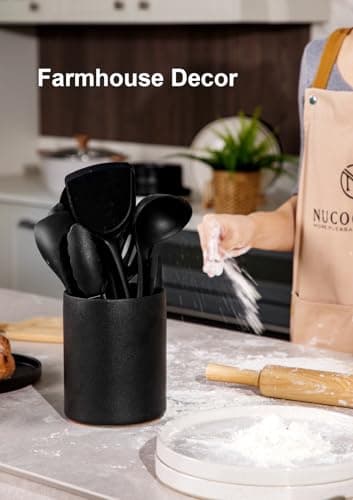 Nucookery Utensil Holder, 6.4" Ceramic Kitchen Utensil Holder with Countertop-Protection Cork Bottom, Farmhouse Kitchen Decor for Counter, Christmas Gift (Stone Black) 6
