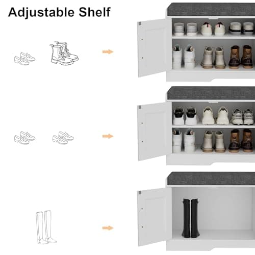 Homleke 2-Tier Storage Bench, Shoe Bench with Thickened Padded Seat Cushion, Entryway Bench with 4 Doors, Adjustable Shelf, 13.8" D x 45.3" W x 18.5" H, for Entryway, Living Room, Bedroom, White 7