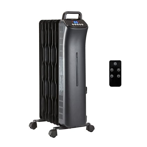 Amazon Basics Portable Oil Space Heater with Remote Control, 7 Oil-Filled Fins, Adjustable Thermostat, 3 Heat Settings, Tip-Over and Overheat Protection, ETL Safety Certificate, 1500W, Black