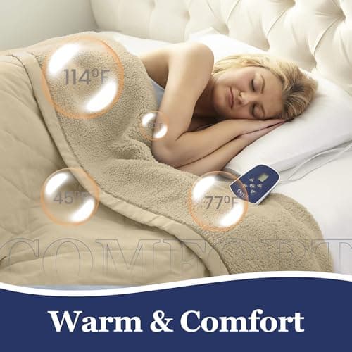 Thermee Micro Flannel Heated Blanket With Sherpa Back, 10-Setting Electric Full Size, Programmable, Ultra-Soft Throw, Fast Heating Thermal - Tan 7