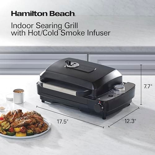 Hamilton Beach Electric Indoor Grill with Hot and Cold Smoke Infuser, 150°F - 450°F Temperature Control For Searing, Vented Hood and Fan, 116 Sq. In. Non-Stick Cooking Surface, Black (25375) 8