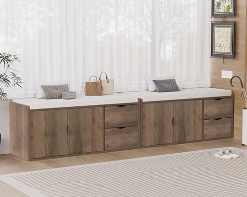 LVB Entryway Bench with Storage, 40” Storage Bench with Padded Cushioned Seat, Farmhouse Shoe Bench with 2 Drawers Cabinet Shelf, Industrial Wood Shoe Rack Bench for Living Bedroom，Rustic Oak, 40in 9