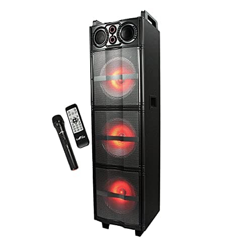 beFree Sound Triple 10 Inch Portable Bluetooth Subwoofer Speaker with Party Lights in Black, FM Radio, AUX Modes, 10” Subwoofers, Two top Handles, Rolling Wheels, Digital Display